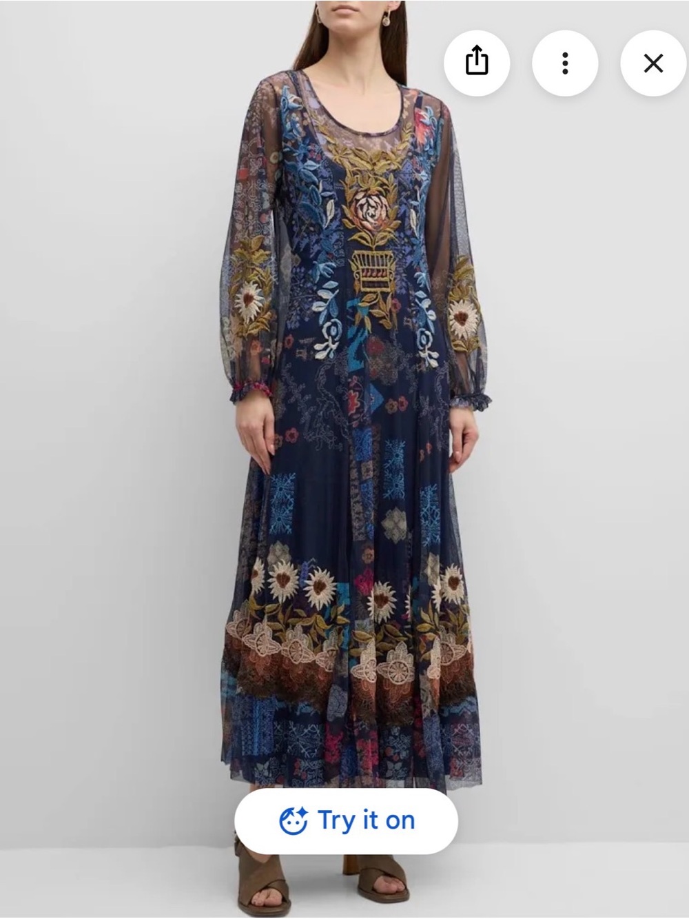 Johnny Was Mesh Embroidered Long Sleeve Dress